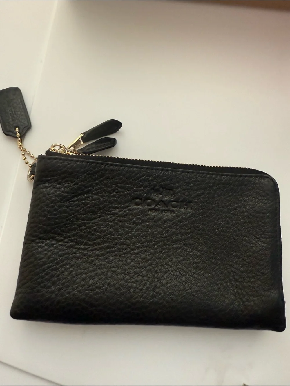 Coach Black Pebbled Leather Zip Key & Card Pouch with Gold Hardware